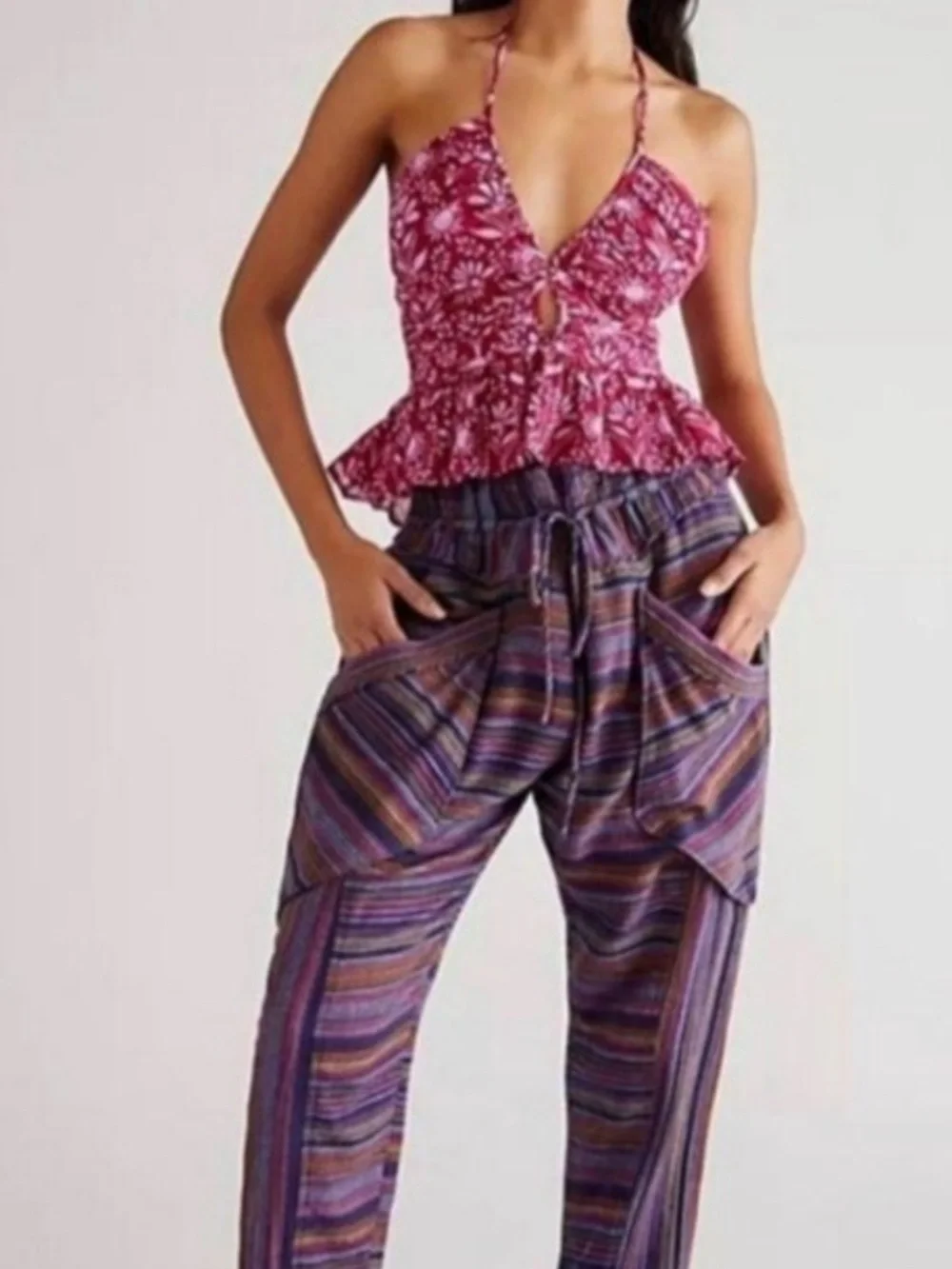 Free People Sweet Escape High Waist Harem Woven Striped Pants Pouch Pockets S